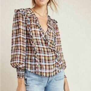 ANTHROPOLOGIE MAEVE Laila Long Sleeve Top Blouse Size 2 Plaid Chiffon Faux Wrap
